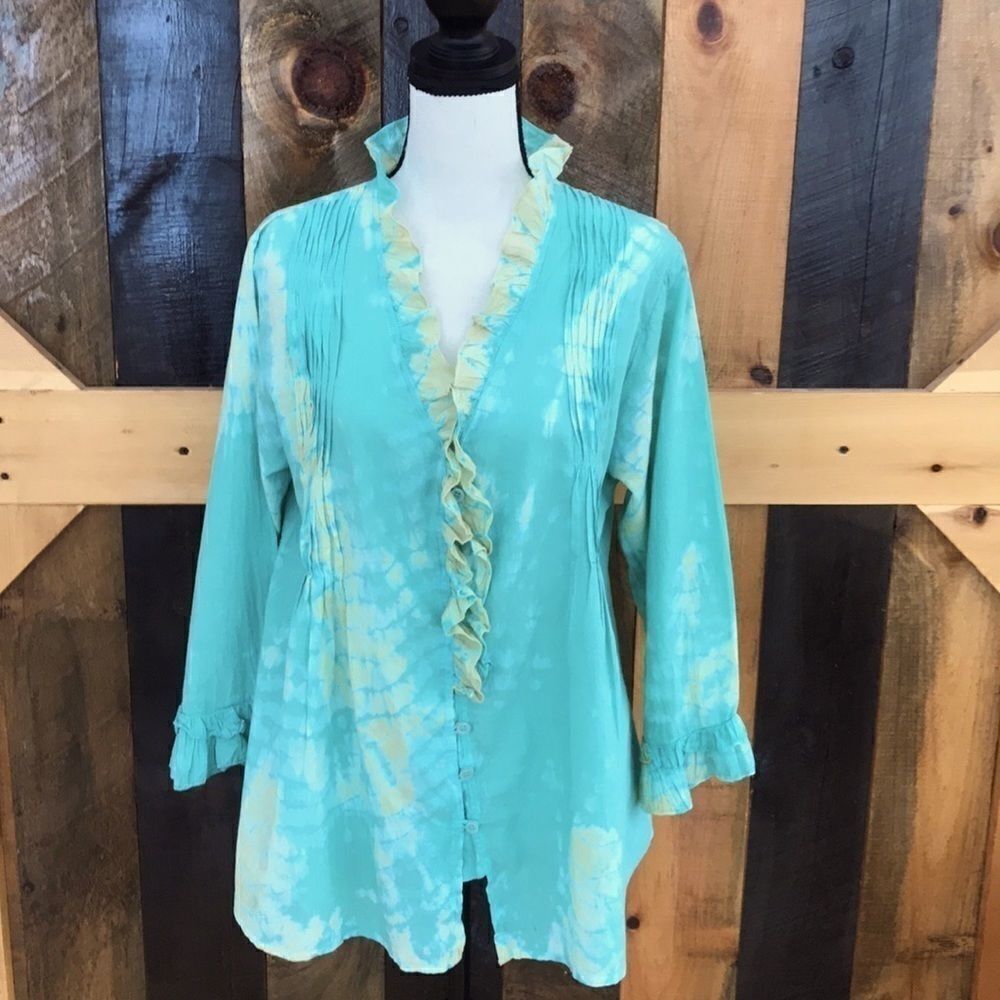 APU tie dyed look loose fit ruffled blouse size S
